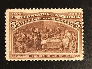 1893 US STAMP # 234 CHOCOLATE 5 CENT COLUMBUS MINT OG NH SEE PHOTOS CV ~ $100 - Picture 1 of 5