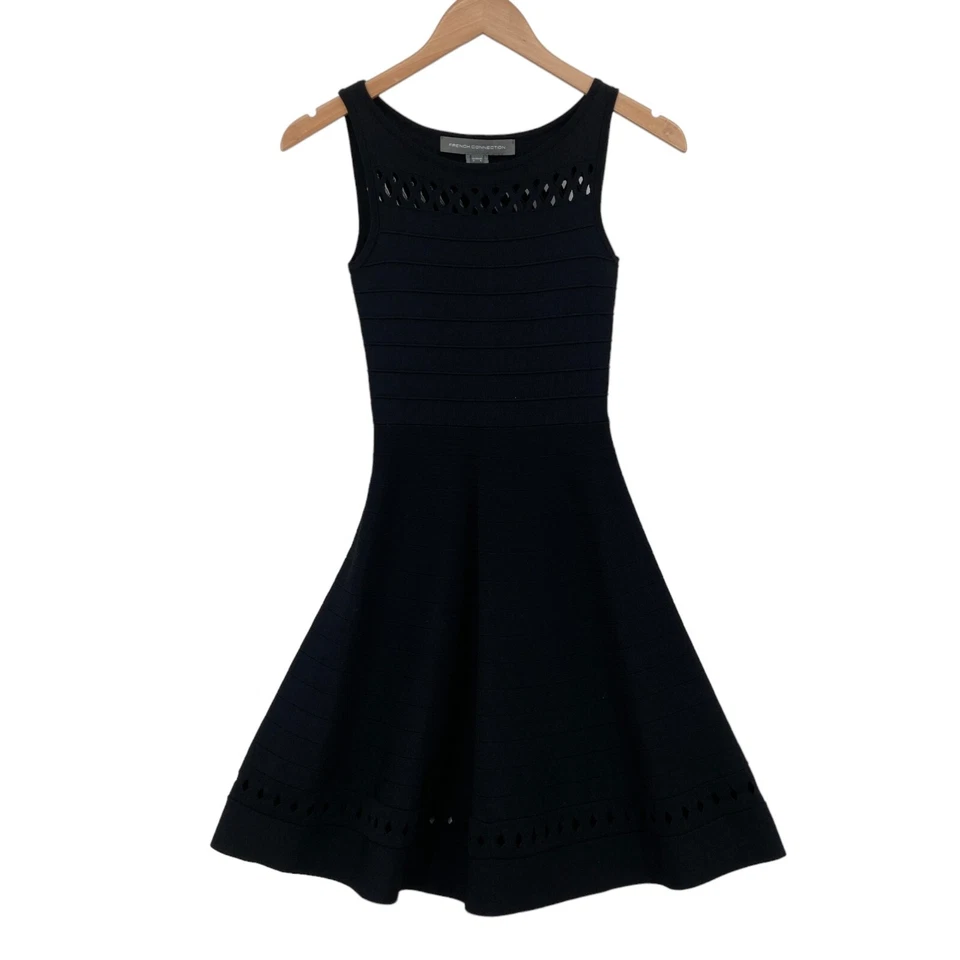 French Connection Fit & Flare Sweater Dress 0 Black Knit Sleeveless Hollow Cut - Image 1 of 4
