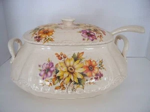 VTG Daisy Floral Pattern Soup Tureen & Ladle Gravy Bowl Boat LARGER Tureen  - Picture 1 of 8