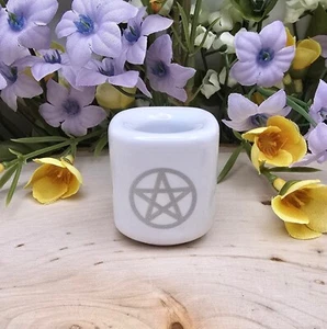 WHITE .5 inch Diameter Ceramic Chime Candle Holder With SILVER Pentagram - Picture 1 of 10