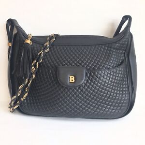 Authentic BALLY Quilting Leather Chain Shoulder Bag Purse Black