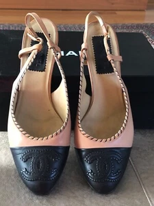 Chanel Beige Black Leather Cap Toe Slingback 38 1/2 8 Box FREE US S/H - Picture 1 of 10