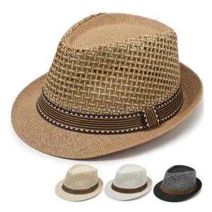 Mens Fedora Hat Trilby Summer Beach Sun Straw Hats Womens Panama Cap Bucket Hat - Picture 1 of 22