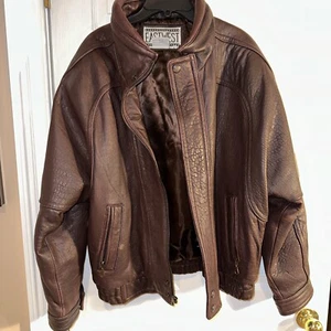East West Heavy Leather Jacket Brown Waist Length Lined Front Pockets Mens L - Picture 1 of 9