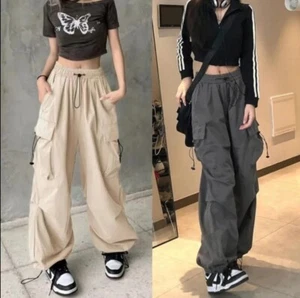 #I New Y2k Streetwear Cargo Pants Women Cream Vintage Baggy Wide Leg Medium  - Picture 1 of 4