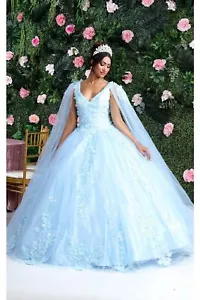 Womens Dresses For Quince Party Long V-Neck Cape Sleeves Ball Gown Plus Size - Picture 1 of 36