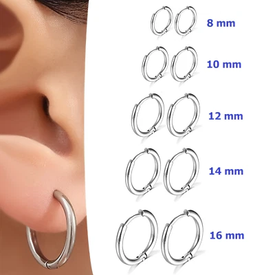 Orecchini a cerchio da uomo donna in acciaio cerchietti piccoli e grandi argento - Immagine 1 di 3