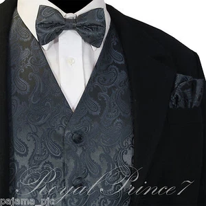 CHARCOAL XS- 6XL Paisley Tuxedo Suit Dress Vest Waistcoat & Bow tie & And Hankie - Picture 1 of 5