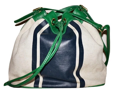Bolso de Hombro J.CREW Marfil Natural y Azul Marino Lona y Cuero Verde con Cordón Foto 1 de 4