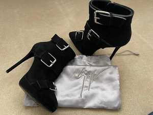 Preowned Giuseppe Zanotti Black Heeled Suede Buckle Boots Size 37 - Picture 1 of 11