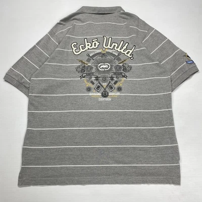 Vtg Ecko Unltd Mens Polo XL Gray Striped Y2K Chain Stitch Logo Embroidery Punk - Image 1 of 4