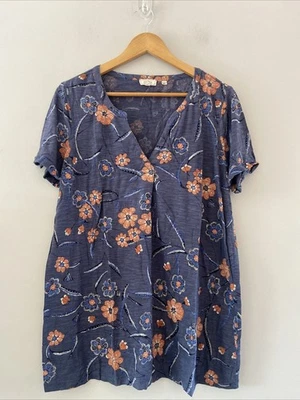 Fat Face Top 14 T-Shirt Blue Floral Flowers Orange Blouse V-neck Short Sleeve - Image 1 of 4