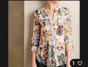 ANTHROPOLOGIE | Maeve Roll Tab Sleeve 100%Cotton Embroidered Top Blouse Sz 6 - Picture 1 of 15