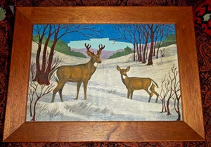 Vintage Country Cottage Framed 1970s Liquid Embroidery Art Buck Doe Deer Picture - Picture 1 of 12