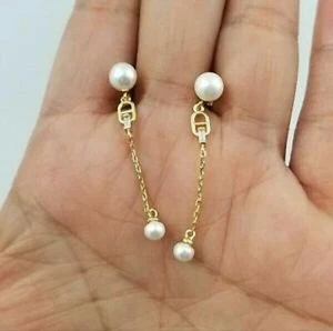 2.10Ct Round Cut White Pearl Crystals Drop Dangle Earring 14K Yellow Gold Finish - Picture 1 of 3