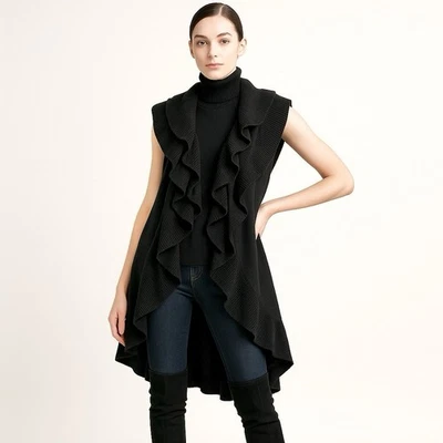 Alice + Olivia Chaleco con Volantes en Capas Cárdigan Largo Sin Mangas Negro Moderno Chic XS Foto 1 de 4