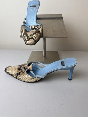 Casadei Snake & Blue Leather Kitten Heel Mules Slides Size 6.5 B Made in Italy - Image 1 of 4