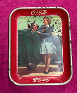 Vintage Coca Cola 1942 Two Girls at Car Roadster Serving Tray. - Shows Wear - Picture 1 of 9