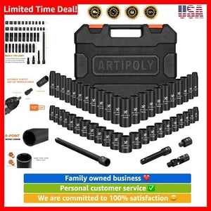 3/8in Impact Socket Set, 6-Point Deep and Shallow Socket Set, 48 Piece Standa... - Picture 1 of 9