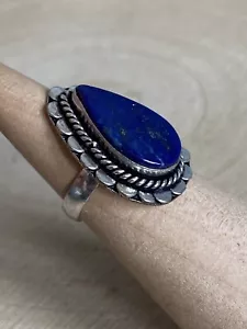 Natural Lapis Lazuli Ring Size M Sterling Silver 925 Plated Blue Flower Vintage - Picture 1 of 5