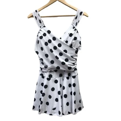 Swim Dress Size XL Inner Brief Padded Adjustable Straps White Polka Dot - Image 1 of 4