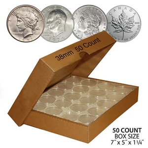 50 MORGAN DOLLAR Direct-Fit Airtight 38mm Coin Capsule Holder (QTY: 50) with BOX - Picture 1 of 1