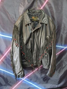 Vtg 80s Reed USA Leather Fringe Motorcycle Biker Jacket Womens M Indian Beads  - Picture 1 of 13