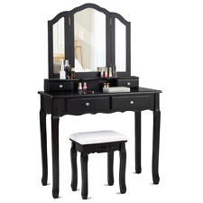 Black Tri Folding Mirror Vanity Makeup Table Stool Set Home Furni With 4 Drawers