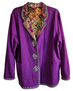 Koos of Course Jacket Reversable Purple to Floral Black white trim Woman Size 1x - Picture 1 of 21