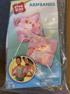 2 Play Day Inflatable Unicorn Printed Armbands in Pink Ages 3-6 NEW Water Wings - Picture 1 of 1