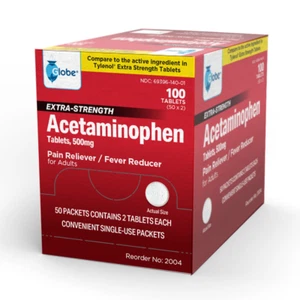 Globe Acetaminophen Tablets 500 mg, 50 Packets of 2 Tablets Each, 100 Count - Picture 1 of 8
