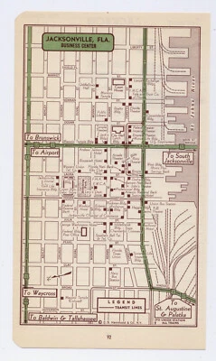 1951 ORIGINAL VINTAGE MAP OF JACKSONVILLE FLORIDA DOWNTOWN BUSINESS CENTER - Image 1 of 3