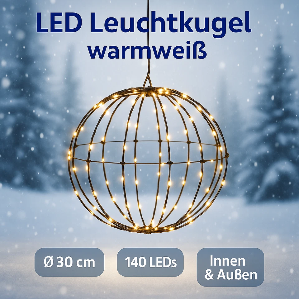 LED Drahtkugel Leuchtkugel 30 cm 140 LED Warmweiß  INNEN und AUßEN NEU - Bild 1 von 4