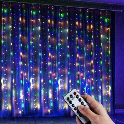 300LED Curtain Icicle Lights Wedding Party LED Fairy Christmas Decor Remote Xmas - Image 1 of 4