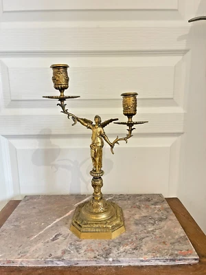 Ancien Chandelier Bougeoir Candélabre VICTOIRES AILEES Empire France Doré - Photo 1/4