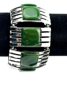Vintage Chrome Marbled Hunter Green Bakelite Link Bracelet 7 1/8" Long - Picture 1 of 14