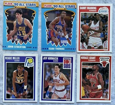 Lote de 6 tarjetas Fleer 1989-1990 pegatina estrella de la NBA Stockton Thomas Miller Grant Manning Foto 1 de 2