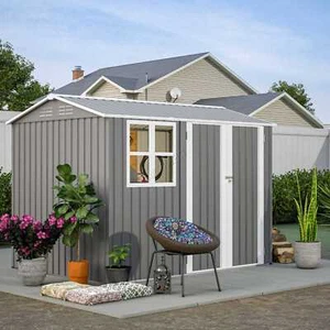 Garden Shed 8x6FT Steel Apex Tool Equipment Organize W/Window Door Grey - Picture 1 of 12