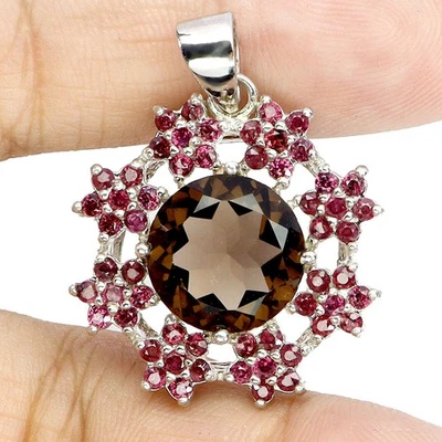 Black Friday 925 Sterling Silver Pendant Round Smoky Quartz 12mm Rhodolite - Image 1 of 4