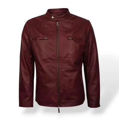 Genuine Leather Jacket Men’s Burgundy Biker Jacket Slim Fit Motorcycle Coat - Image 1 of 4