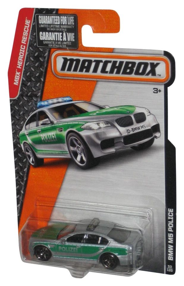 Coche de juguete Matchbox MBX Heroic Rescue (2014) BMW M5 verde policía y plateado 53/120 Foto 1 de 1