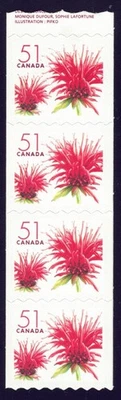 Canada sc#2128i Red Bergamot Blossom, End Strip of 4, Mint-NH - Image 1 of 2
