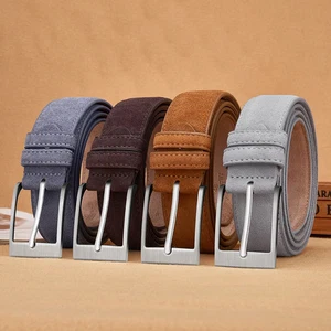 Genuine Leather Belt for Men & Women Suede Cowskin Pin Buckle Blue Gray Strap - Picture 1 of 13
