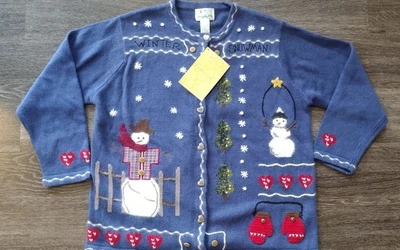NWT QUACKER FACTORY WINTER SNOWMAN CARDIGAN SWEATER Sz 1X Retired Christmas  - Image 1 of 4