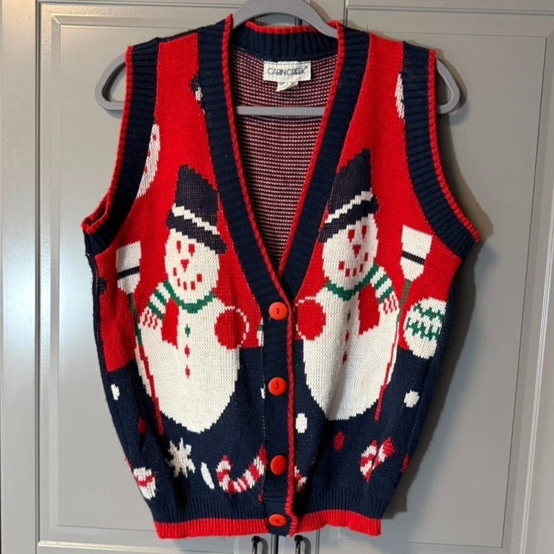 Chaleco Suéter Tejido Cabin Creek Vintage Muñeco de Nieve Fair Isle, Azul Rojo, S Foto 1 de 4