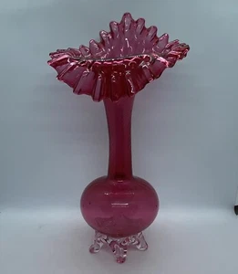 Victorian cranberry glass Jack In The Pulpit Vase, Clear Footed Base. - Picture 1 of 10