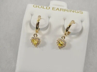 REAL 10K SOLID YELLOW GOLD BIRTHSTONE DANGLING HEART HOOP HUGGIE EARRINGS - Image 1 of 4