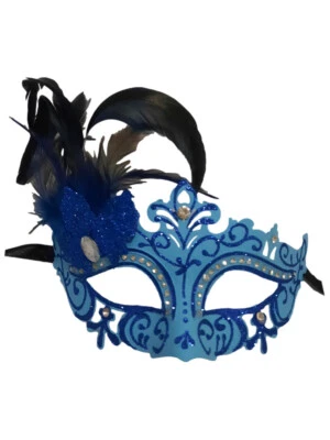 Blue Jeweled Mardi Gras Princess Venetian Masquerade Mask Feathers - Image 1 of 3