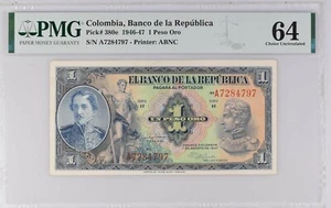 COLOMBIA 1 PESO 1947 p380e NGC 64 CHOICE UNC SERIE A 7 DIGITS - Picture 1 of 2