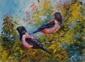 Quadro "Storni Rosa". Olio su cartone. 5x7 inc. Fatto a mano. 2025. Senza cornice. - Foto 1 di 1